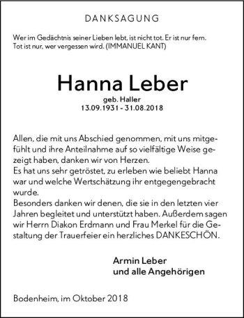 Traueranzeige von Hanna Leber von vrm-trauer