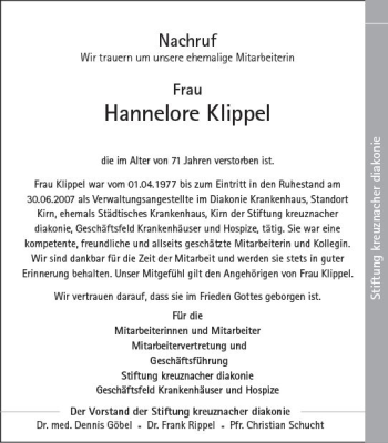 Traueranzeige von Hannelore Klippel von vrm-trauer