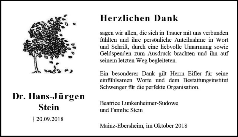  Traueranzeige für Hans-Jürgen Stein vom 27.10.2018 aus vrm-trauer