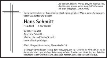 Traueranzeige von Hans Schmitt von vrm-trauer