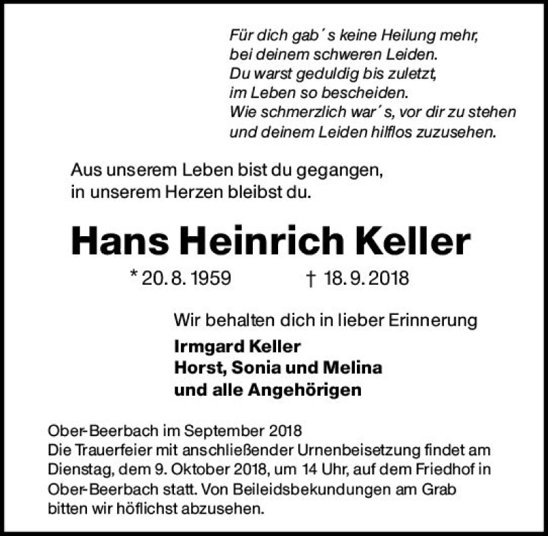  Traueranzeige für Hans Heinrich Keller vom 06.10.2018 aus vrm-trauer