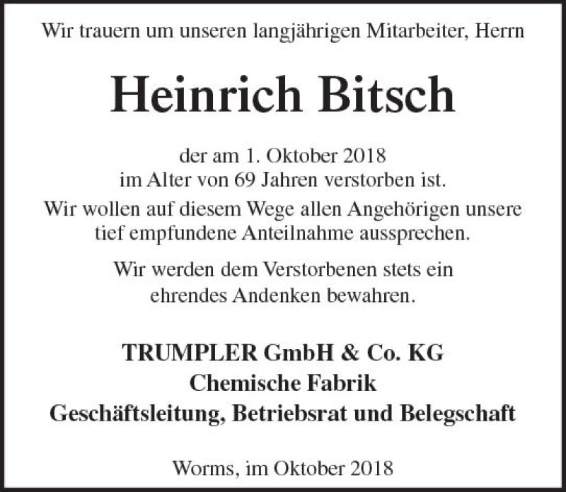  Traueranzeige für Heinrich Bitsch vom 20.10.2018 aus vrm-trauer