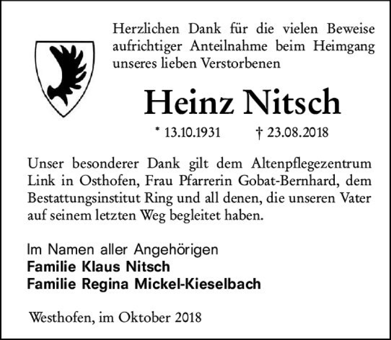  Traueranzeige für Heinz Nitsch vom 18.10.2018 aus vrm-trauer