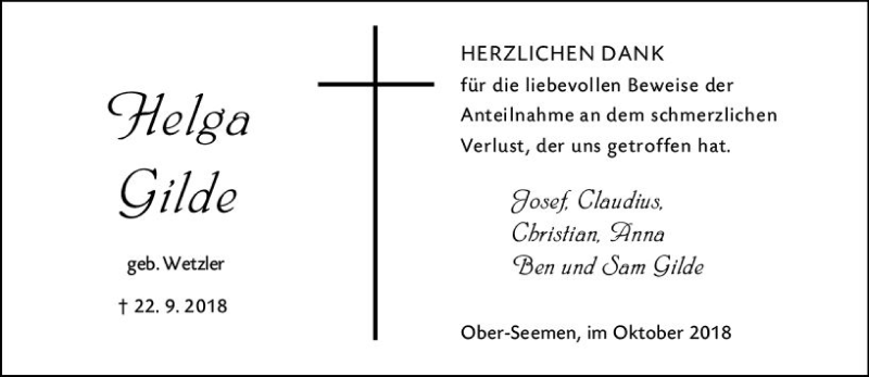  Traueranzeige für Helga Gilde vom 27.10.2018 aus  Kreisanzeiger
