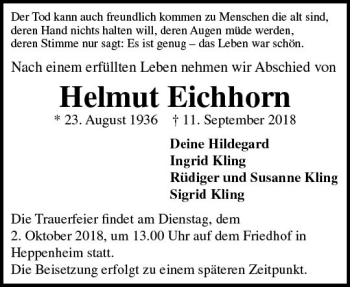 Traueranzeige von Helmut Eichhorn von vrm-trauer