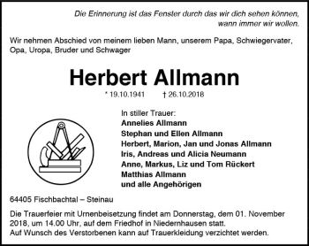 Traueranzeige von Herbert Allmann von vrm-trauer