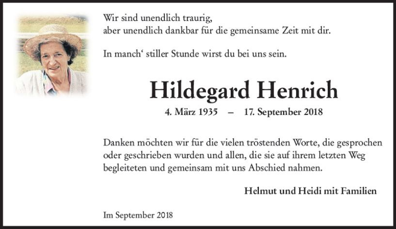  Traueranzeige für Hildegard Henrich vom 05.10.2018 aus vrm-trauer