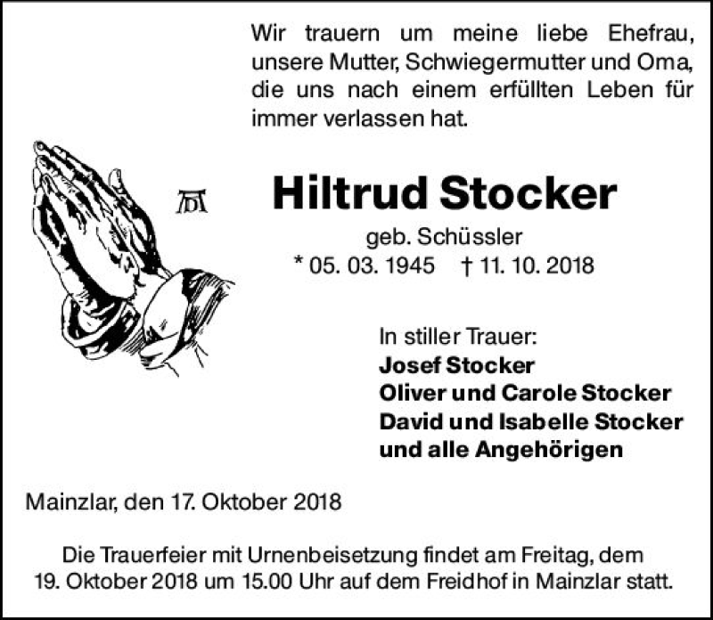  Traueranzeige für Hiltrud Stocker vom 17.10.2018 aus  Gießener Anzeiger