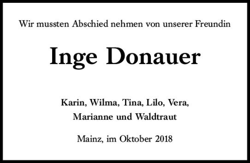  Traueranzeige für Inge Donauer vom 20.10.2018 aus vrm-trauer