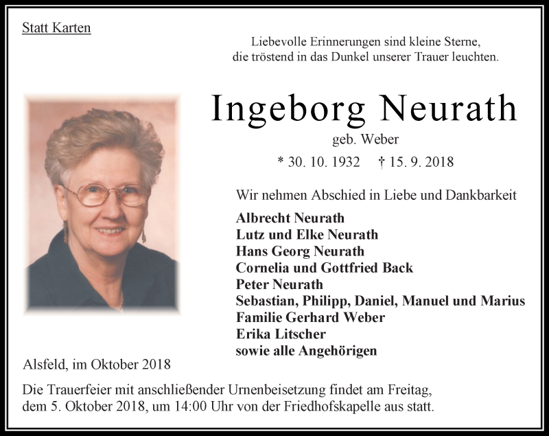  Traueranzeige für Ingeborg Neurath vom 01.10.2018 aus VRM Trauer