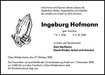 Traueranzeige von Ingeburg Hofmann von  Kreisanzeiger