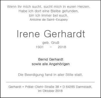Traueranzeige von Irene Gerhardt von vrm-trauer