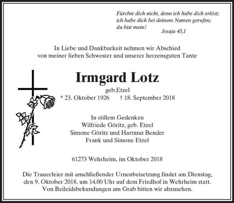  Traueranzeige für Irmgard Lotz vom 06.10.2018 aus  Usinger Anzeiger