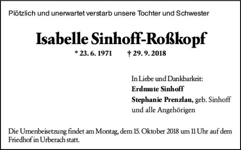  Traueranzeige für Isabelle Sinhoff-Roßkopf vom 10.10.2018 aus vrm-trauer