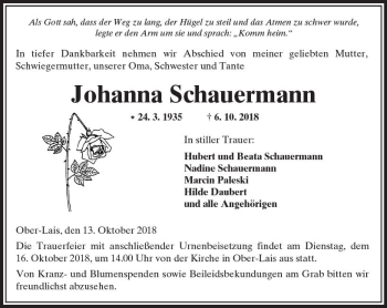 Traueranzeige von Johanna Schauermann von  Kreisanzeiger