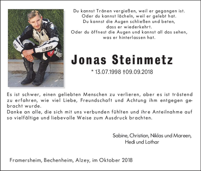  Traueranzeige für Jonas Steinmetz vom 20.10.2018 aus vrm-trauer