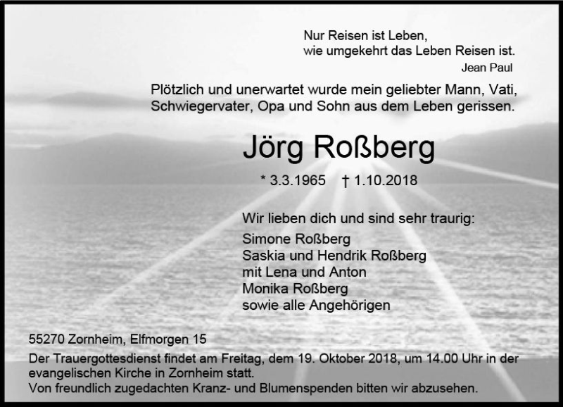  Traueranzeige für Jörg Roßberg vom 17.10.2018 aus vrm-trauer