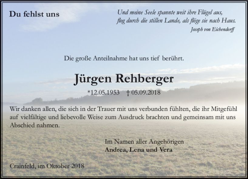  Traueranzeige für Jürgen Rehberger vom 27.10.2018 aus VRM Trauer