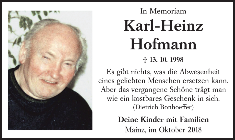  Traueranzeige für Karl-Heinz Hofmann vom 13.10.2018 aus vrm-trauer