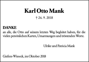 Traueranzeige von Karl Otto Mank von  Gießener Anzeiger