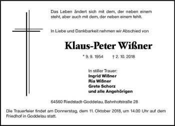 Traueranzeige von Klaus-Peter Wißner von vrm-trauer