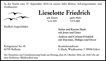 Traueranzeige von Lieselotte Friedrich von vrm-trauer