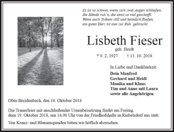 Traueranzeige von Lisbeth Fieser von VRM Trauer