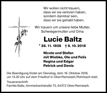 Traueranzeige von Lucie Baltz von vrm-trauer