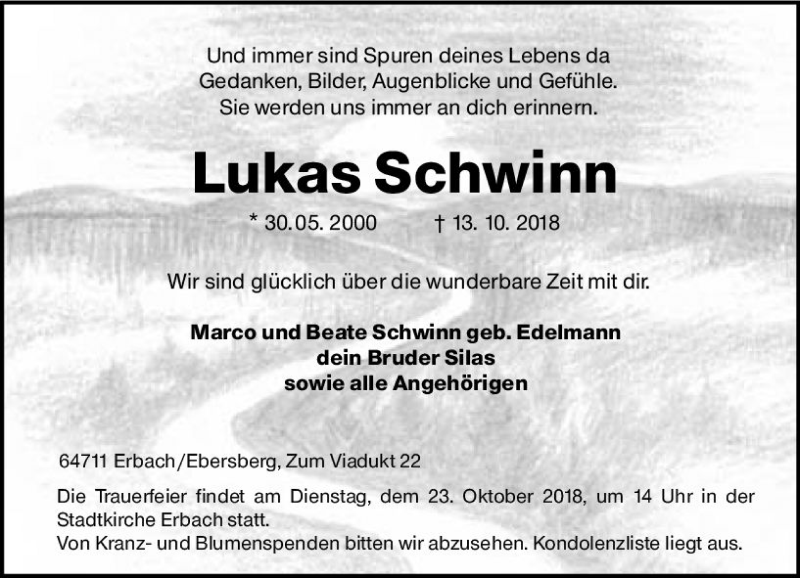  Traueranzeige für Lukas Schwinn vom 20.10.2018 aus vrm-trauer