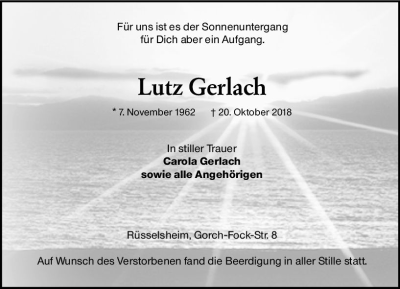  Traueranzeige für Lutz Gerlach vom 27.10.2018 aus vrm-trauer