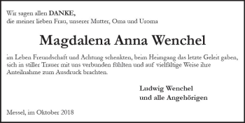 Traueranzeige von Magdalena Anna Wenchel von vrm-trauer