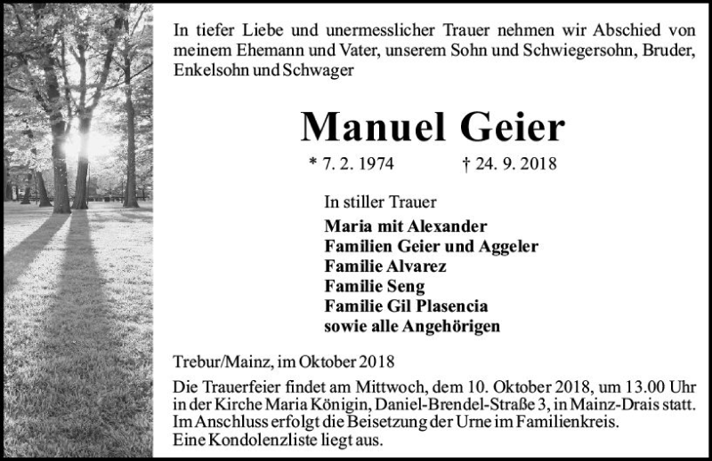  Traueranzeige für Manuel Geier vom 06.10.2018 aus vrm-trauer