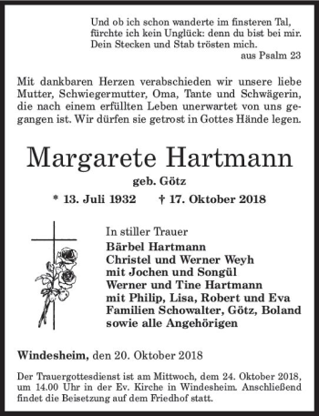 Traueranzeige von Margarete Hartmann von vrm-trauer