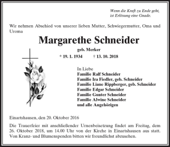 Traueranzeige von Margarethe Schneider von  Kreisanzeiger