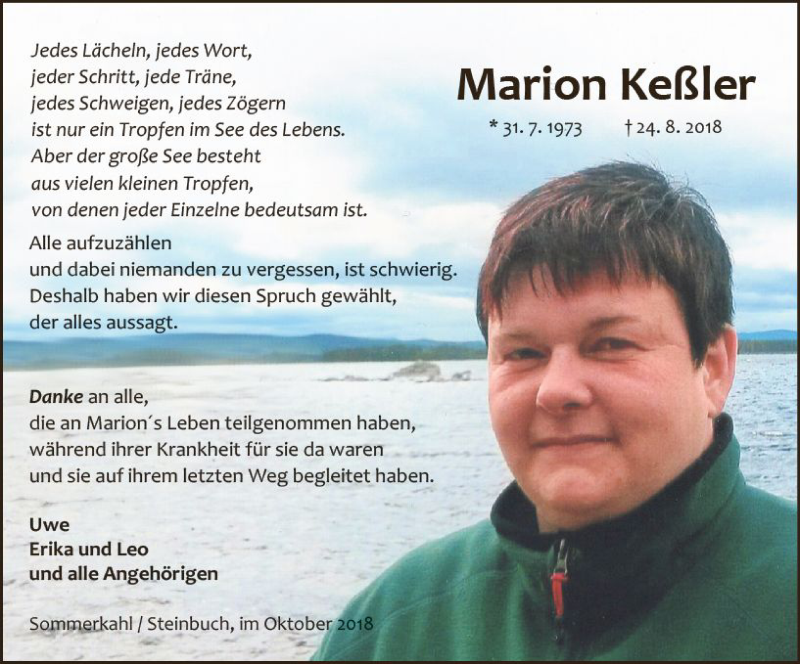  Traueranzeige für Marion Keßler vom 06.10.2018 aus vrm-trauer