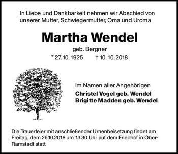 Traueranzeige von Martha Wendel von vrm-trauer