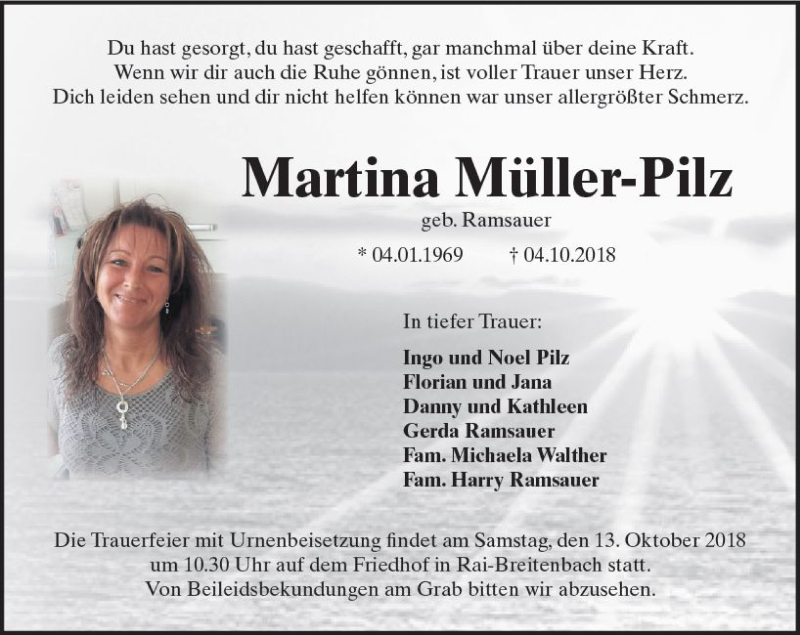  Traueranzeige für Martina Müller-Pilz vom 10.10.2018 aus vrm-trauer