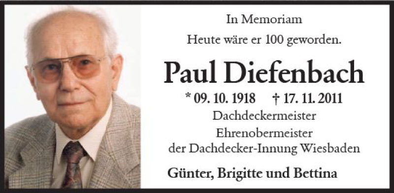  Traueranzeige für Paul Diefenbach vom 09.10.2018 aus vrm-trauer