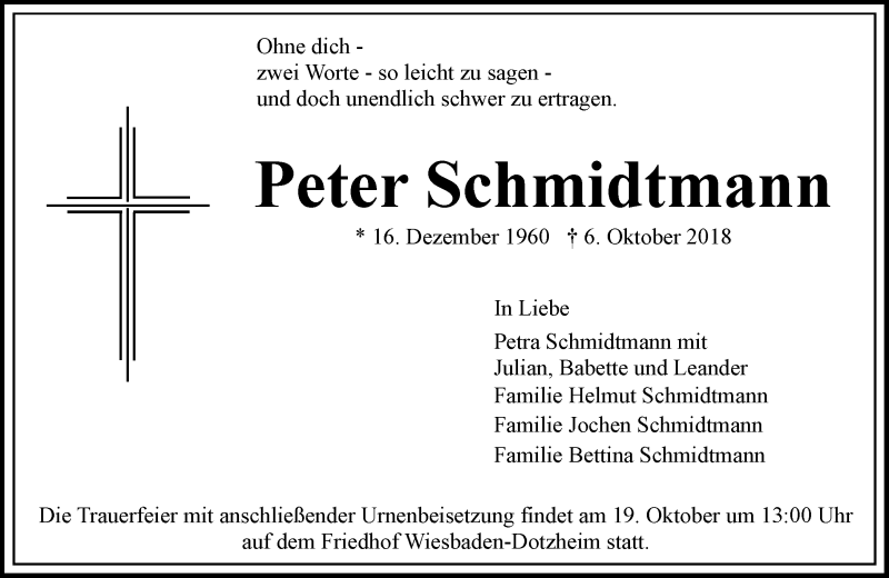  Traueranzeige für Peter Schmidtmann vom 13.10.2018 aus vrm-trauer