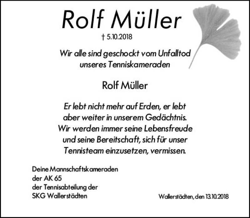  Traueranzeige für Rolf Müller vom 17.10.2018 aus vrm-trauer