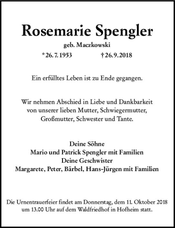 Traueranzeige von Rosemarie Spengler von vrm-trauer