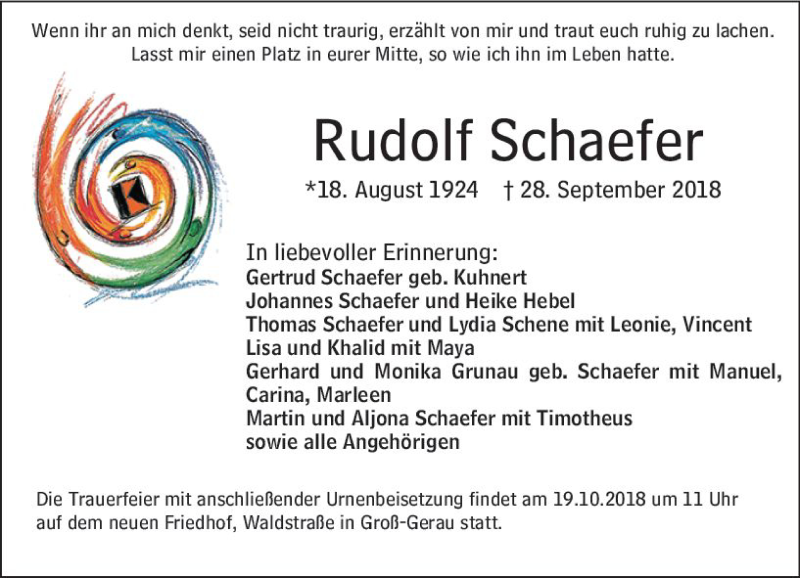  Traueranzeige für Rudolf Schaefer vom 06.10.2018 aus vrm-trauer