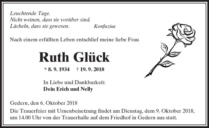  Traueranzeige für Ruth Glück vom 06.10.2018 aus  Kreisanzeiger