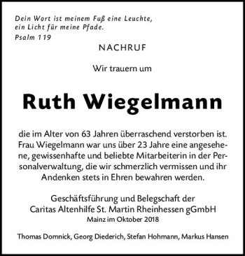 Traueranzeige von Ruth Wiegelmann von vrm-trauer