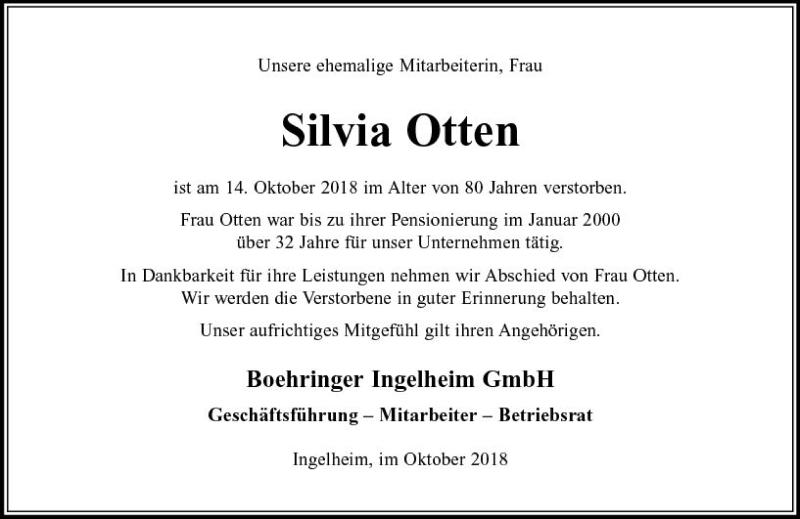  Traueranzeige für Silvia Otten vom 27.10.2018 aus vrm-trauer