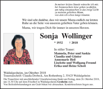 Traueranzeige von Sonja Wollinger von vrm-trauer