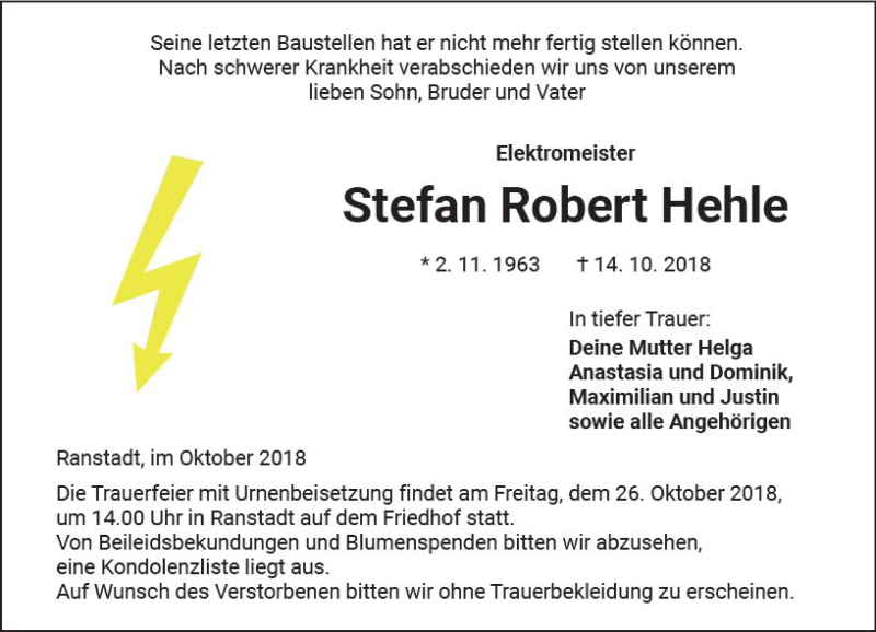  Traueranzeige für Stefan Robert Hehle vom 24.10.2018 aus  Kreisanzeiger