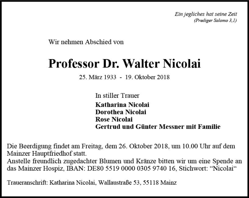  Traueranzeige für Walter Nicolai vom 24.10.2018 aus vrm-trauer