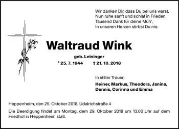 Traueranzeige von Waltraud Wink von vrm-trauer
