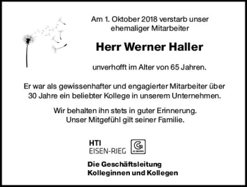 Traueranzeige von Werner Haller von vrm-trauer